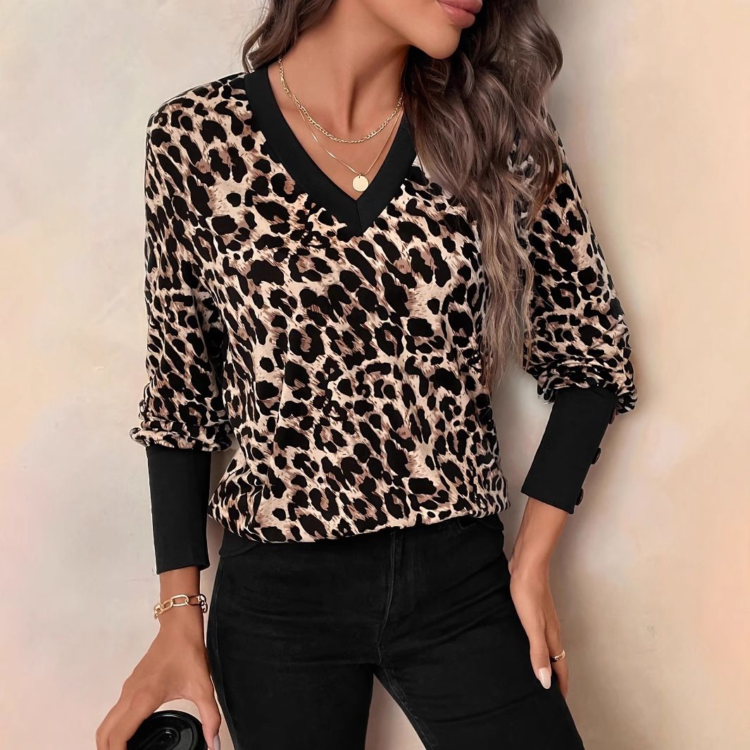 Women’s Leopard Print V-Neck T-Shirt – Oversized Long Sleeve Blouse (S-XXL, Casual & Office Wear)_ecoleips.com