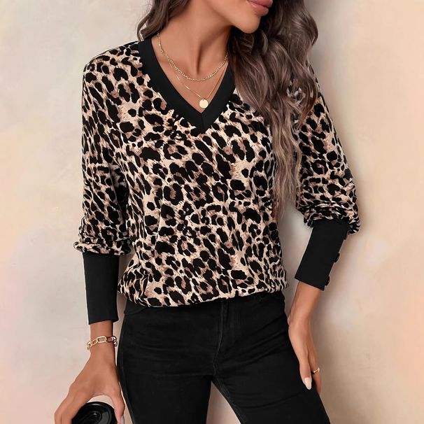 Women’s Leopard Print V-Neck T-Shirt – Oversized Long Sleeve Blouse (S-XXL, Casual & Office Wear)_ecoleips.com