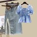Women's Clothing Suit For Women New French Sweet Chiffon Shirt Denim Skirt Two Piece Suit_ecoleips.com