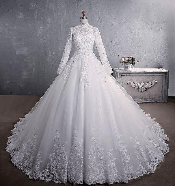 European And American Lace 2026 New Bride Stand Collar Sleeve Long Train Plus Size Muslim Wedding Dress_ecoleips.com