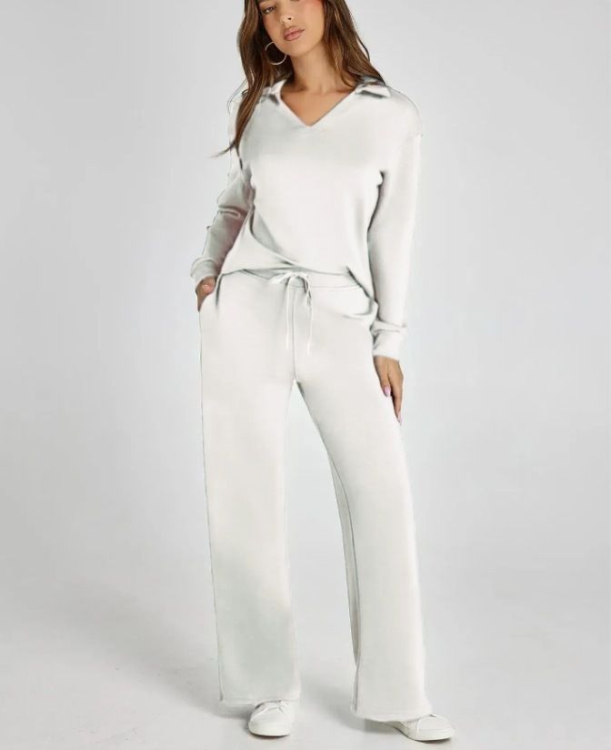 Women's Clothing Loose V Neck Long Sleeved Top With Drawstring Design Elastic Waist Flared Trousers Two Piece Set_ecoleips.com