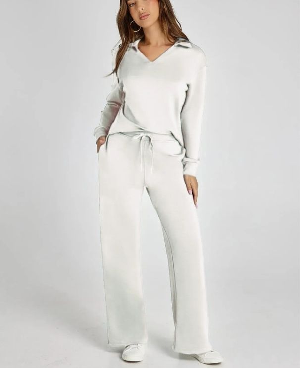 Women's Clothing Loose V Neck Long Sleeved Top With Drawstring Design Elastic Waist Flared Trousers Two Piece Set_ecoleips.com