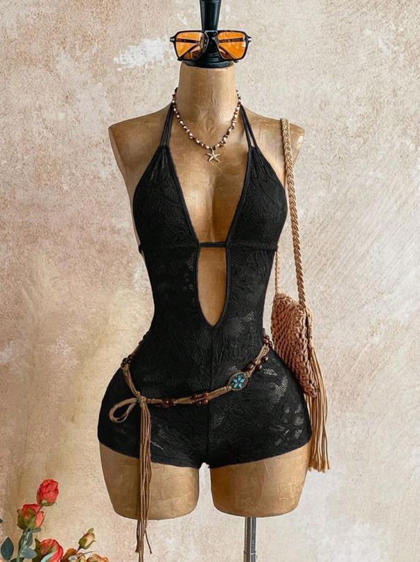 Women's Floral Lace Jumpsuit Deep V Neck Sexy Halter Neck Holiday Party Clothing European American Style_ecoleips.com