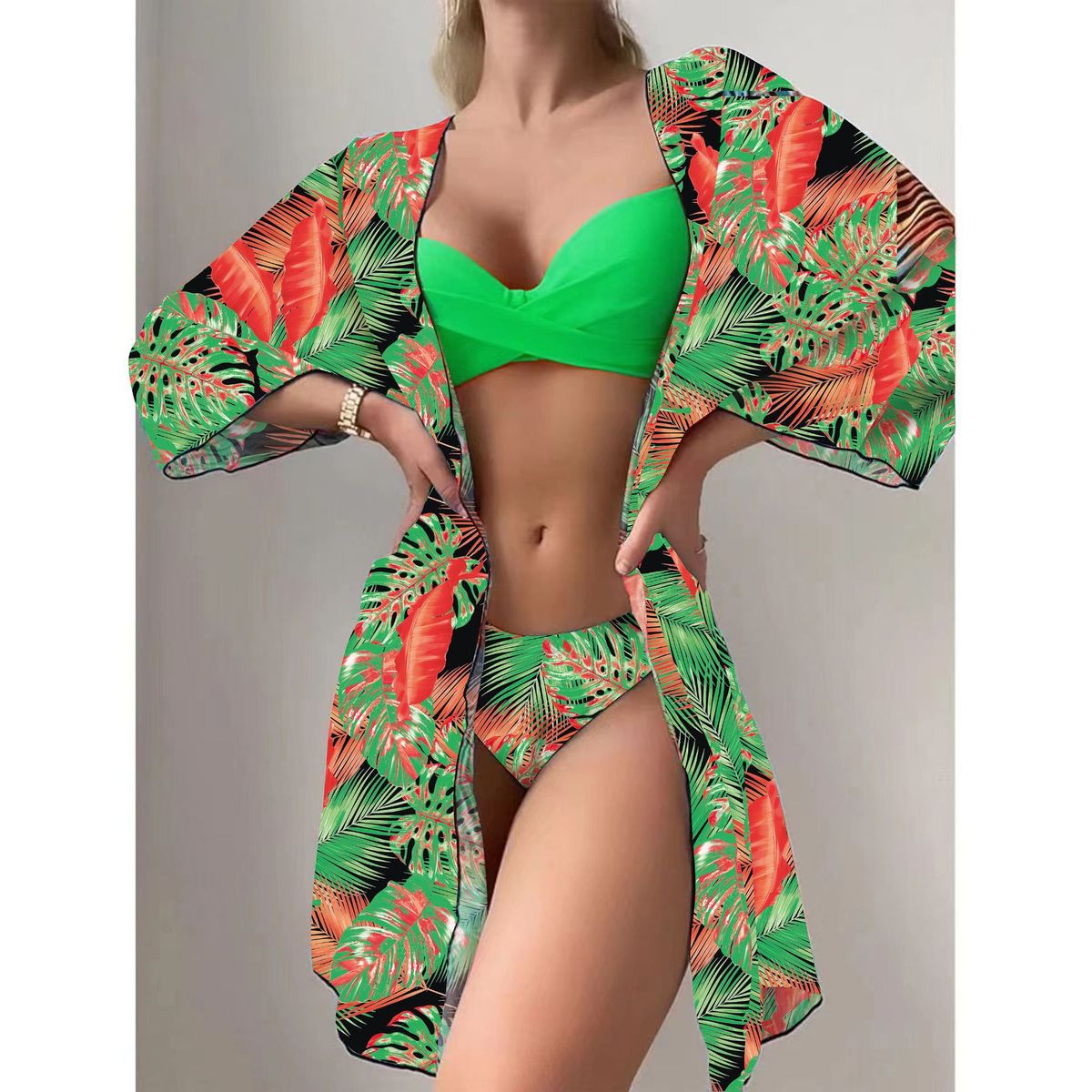 Women's 3-Piece Bikini Set - Sexy High-Cut Swimwear With Cover-Up Skirt (Sunflower, Violet, Yellow, Black, Green)_ecoleips.com