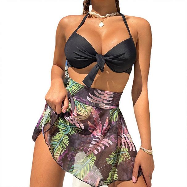 plus Size Tie up Swimsuit 2026 European American Sexy Bikini Beach Dress Style Printed Two Piece Three Piece Set for Vacation_ecoleips.com