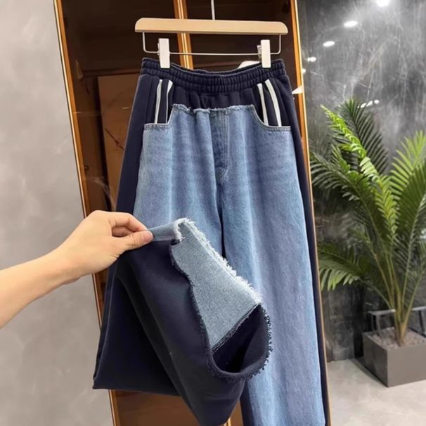 Women’s Clothing Brand High Street Heavy Stitching Elastic Waist Raw Edge Denim Sweatpants Women Autumn 2024 New Casual Wide Leg Pants_ecoleips.com