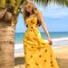 Women's French V Neck Yellow Floral Print Halter Belted Flowy Maxi Dress – Slimming Sweet Summer Gown_ecoleips.com