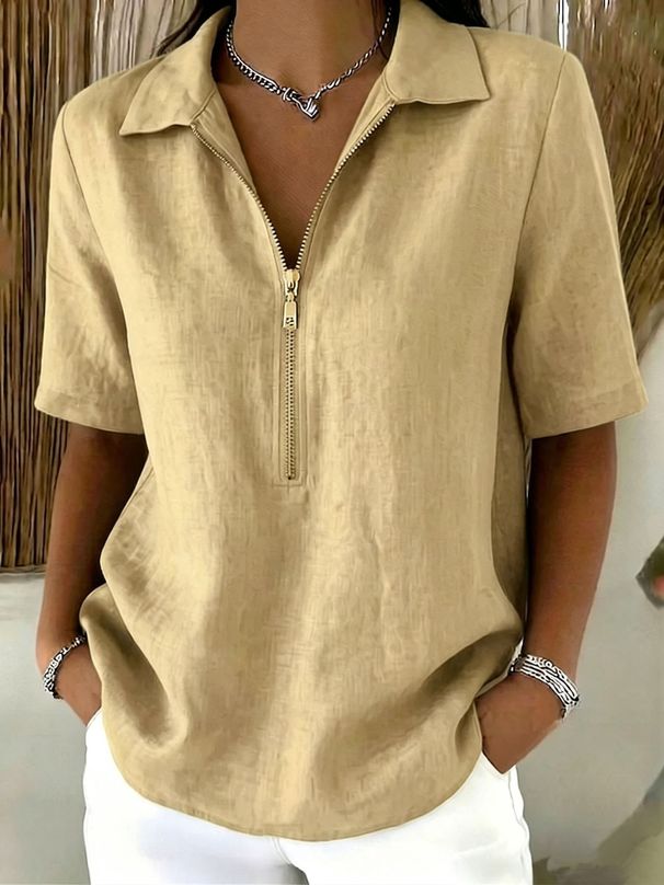 Women's Linen-Blend Zip-Front Mid-Sleeve Shirt, Summer Casual Solid Color Lapel Shirt For A Stylish Relaxed Look_ecoleips.com