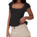 European And American Bubble Crepe Ruffle Trim Tie-Up Crop Top Spring Summer Slim Fit Short Sleeve_ecoleips.com