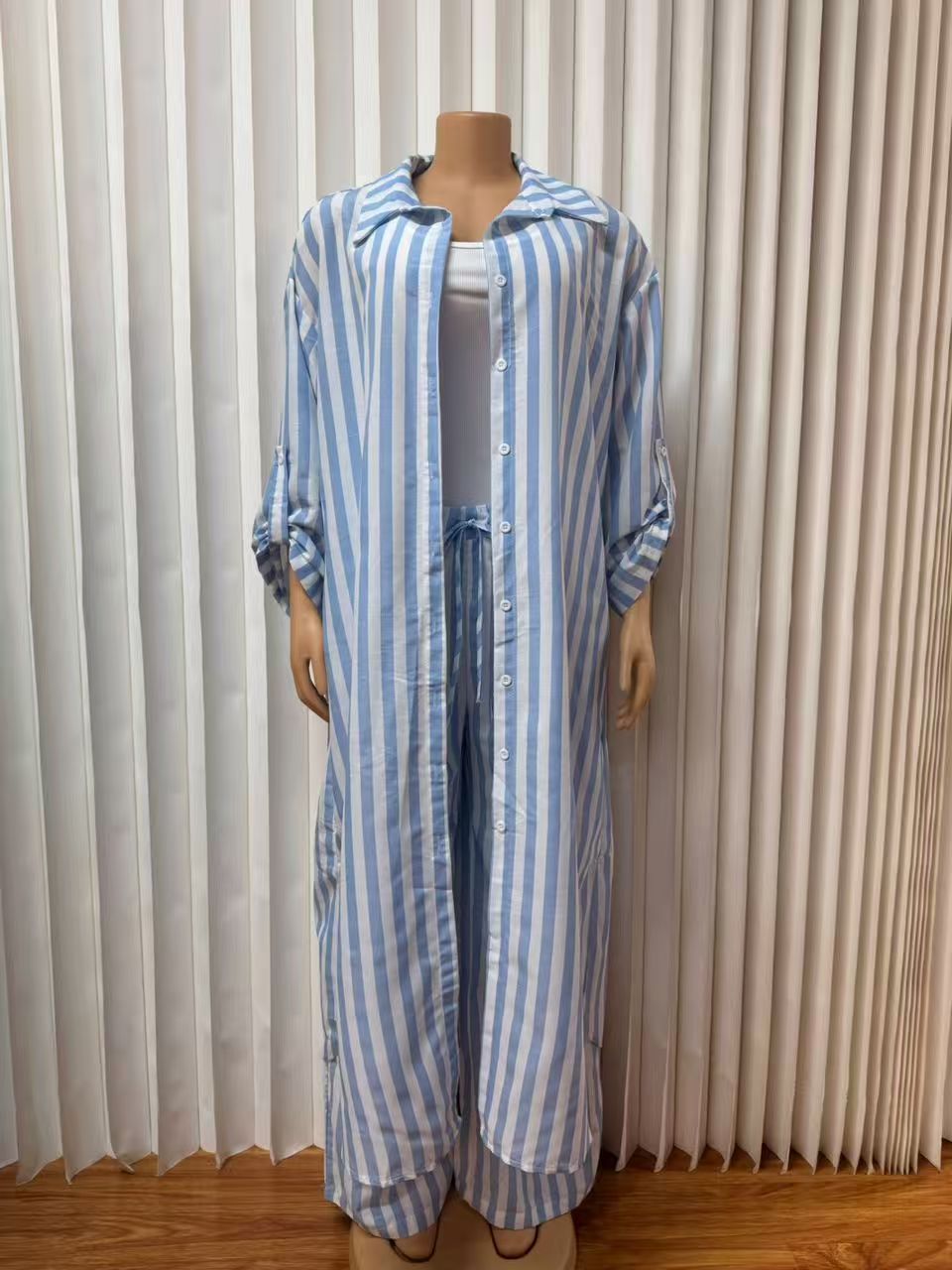 New Women's Three Piece Set Mid Length Fashion Striped Long Sleeved Shirt Plus Size_ecoleips.com
