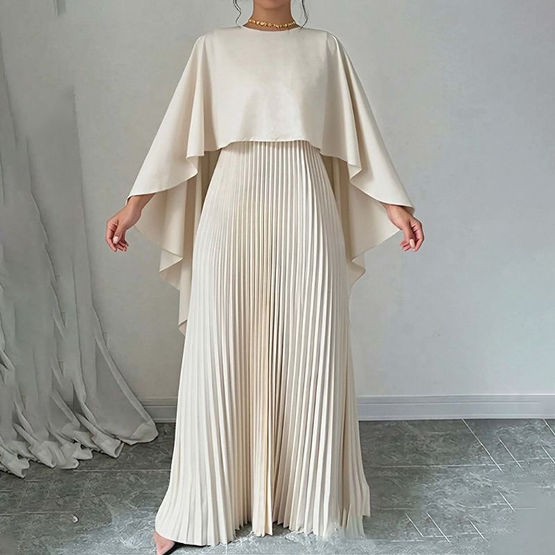 Women's Batwing Sleeve Ruffle Asymmetrical Dress Set Solid Color Casual Spring Outfit with Pleated Detail_ecoleips.com