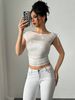 European And American 2025 Summer New Women's Sequined Mesh Off Shoulder Bow Pleated T Shirt Top_ecoleips.com