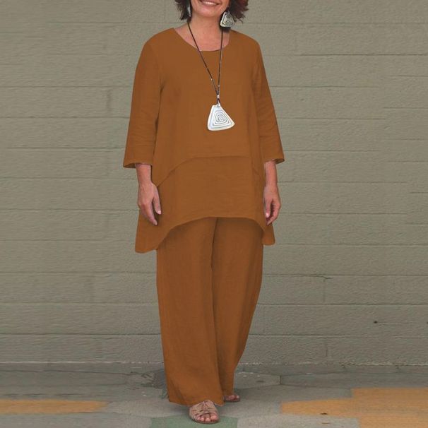 Women's Clothing Cotton And Linen Fashion Casual Large Size Irregular Long Sleeved Suit Wide Leg Pants Two Piece Suit_ecoleips.com