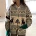 Christmas Knit Zip-Up Cardigan – Embroidered Floral & Animal Print Oversized Sweater Coat (Gray/Black) | Heavy Jacquard Pullover_ecoleips.com