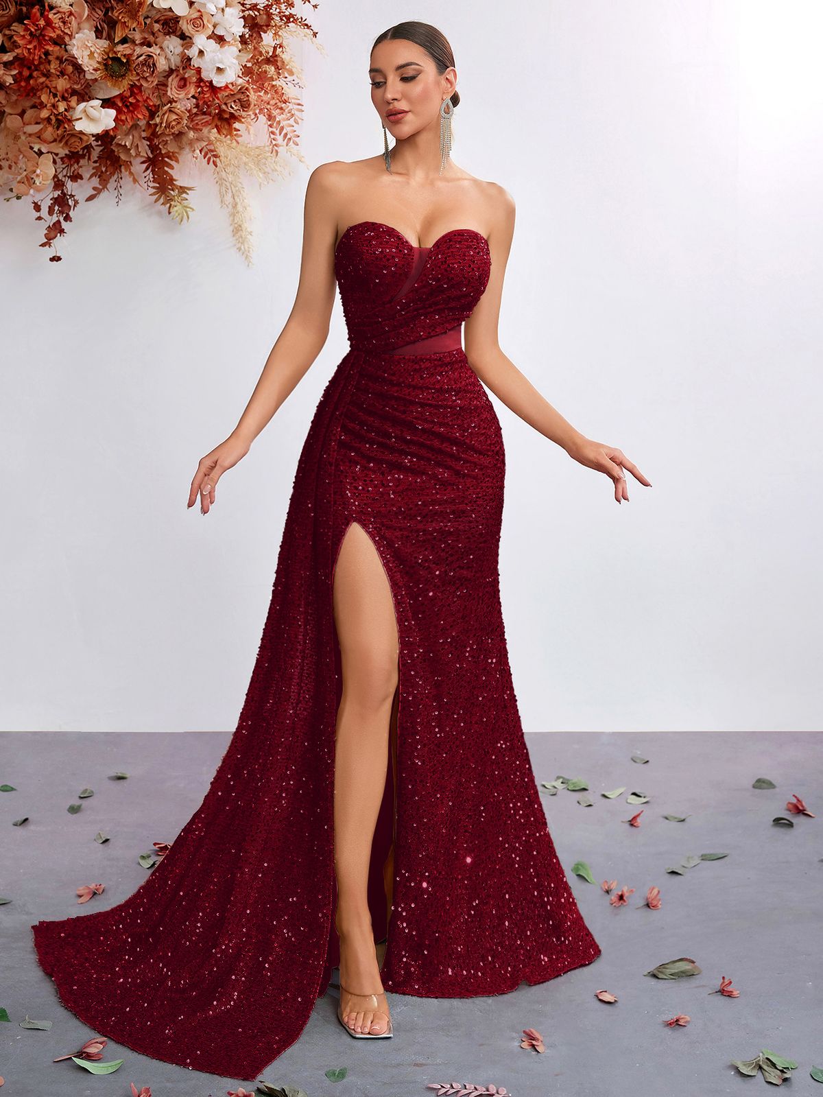 Women's Luxurious Sequined Strapless Evening Gown High Waisted Slit Fishtail Elegant Sophisticated Dress for Banquets Summer Spring/Autumn Regular Size_ecoleips.com