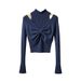 Women's Clothing Niche Design High End Blue Off Shoulder Bow Two Piece Wool Sweater_ecoleips.com