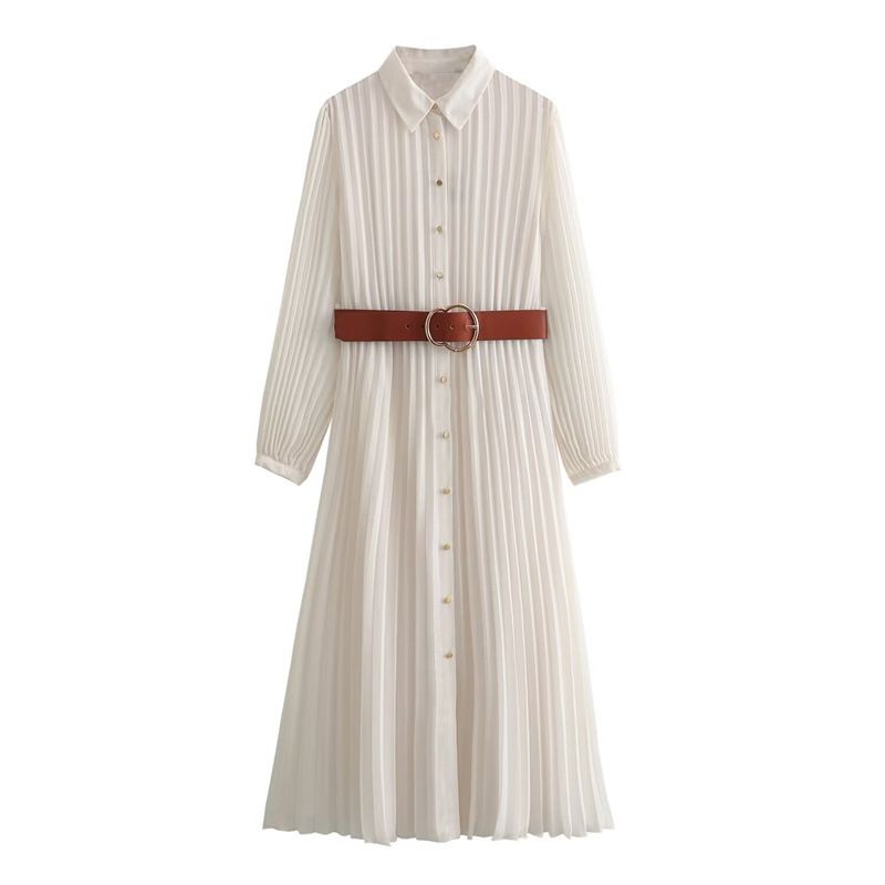 French Style Slimming Pleated Dress For Women With Lapel Collar Long Sleeves Cinched Waist High-End Clothing_ecoleips.com