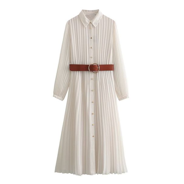French Style Slimming Pleated Dress For Women With Lapel Collar Long Sleeves Cinched Waist High-End Clothing_ecoleips.com