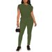 Women's Short Sleeve Round Neck Top With Pants Set - Summer Casual Two-Piece Outfit In Dark Green_ecoleips.com