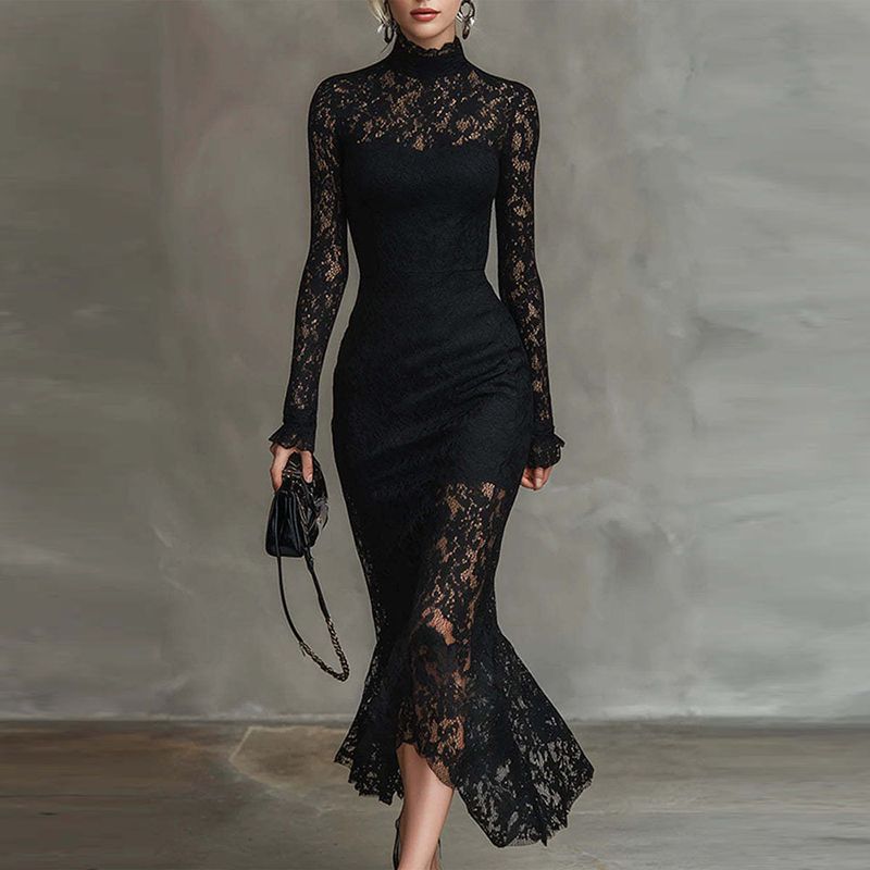 Women Elegant Lace Hollow Hem Irregular Dress Casual Long Sleeve Slim Long Dresses 2026 Spring Fashion Turtleneck Mermaid Dress_ecoleips.com
