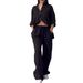 Women's Solid Color Long Sleeved Shirt And Wide Leg Pants Set Single Breasted Two Piece Lace Up Trousers American Style_ecoleips.com