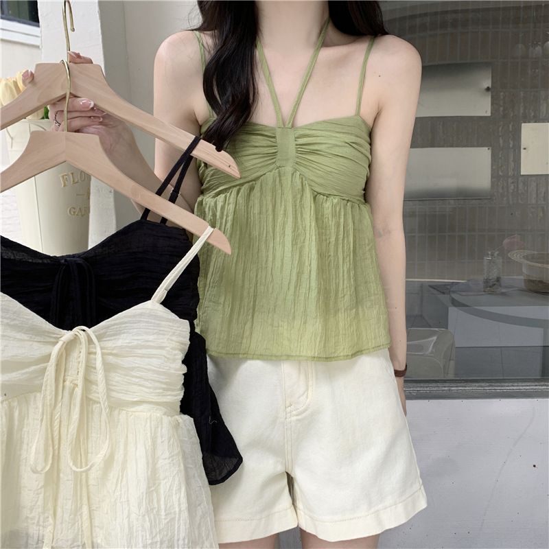Women's Clothing Pure Color Small Fresh French Suspenders Women's Halter New Sweet Small Vest Outerwear Double Layer Suspenders_ecoleips.com