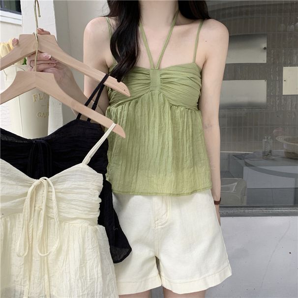 Women's Clothing Pure Color Small Fresh French Suspenders Women's Halter New Sweet Small Vest Outerwear Double Layer Suspenders_ecoleips.com