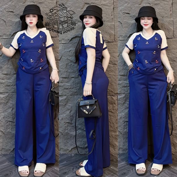 Women's Summer Fashion High Waisted Wide Leg Pants Set Color Block Heart Print Short Sleeve Top And Pants Two Piece Outfit_ecoleips.com