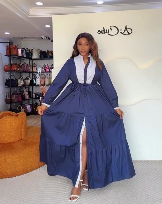 Spring New Retro Striped Long Sleeve Shirt Collar Patchwork Full Skirt Dress For Women Style_ecoleips.com