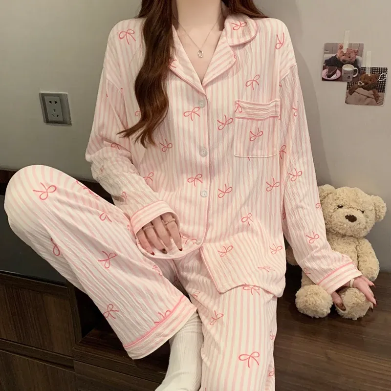Pink Bow Dtie Design Pajamas For Women Long Sleeve Top & Elastic Waist Pants Pajamas Set Harajuku Style Casual New Home Wear_ecoleips.com