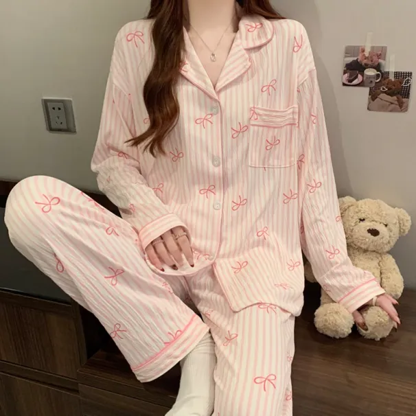 Pink Bow Dtie Design Pajamas For Women Long Sleeve Top & Elastic Waist Pants Pajamas Set Harajuku Style Casual New Home Wear_ecoleips.com