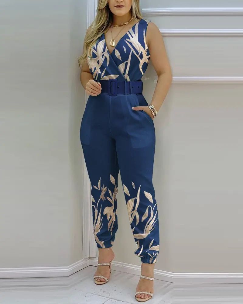 Women's High-Waisted V-Neck Jumpsuit Backless Print Design Spring/Summer New European American Style_ecoleips.com