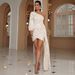 Women's high-waisted long-sleeved temperament sexy slanted collar back slit short sequined evening dress dress_ecoleips.com