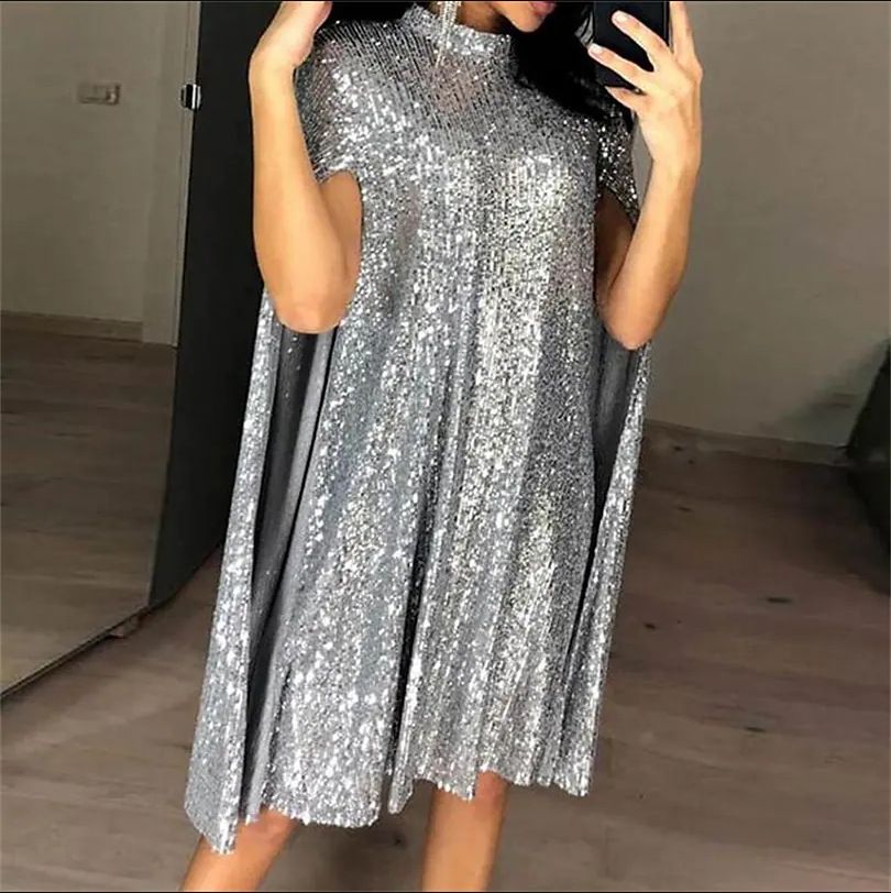 Sequined Long Sleeve Slit Dress Stand Collar Formal Cloak Dress Sequin Embellished Evening Party Gown For Women Cocktail Events_ecoleips.com