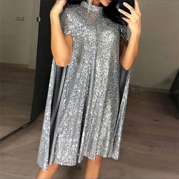 Sequined Long Sleeve Slit Dress Stand Collar Formal Cloak Dress Sequin Embellished Evening Party Gown For Women Cocktail Events_ecoleips.com