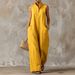 Women's Resort Style Jumpsuit Sleeveless Stand Up Collar Linen Button Down Loose Fit Wide Legs Relaxed Everyday Wear Versatile Feshion Trend_ecoleips.com