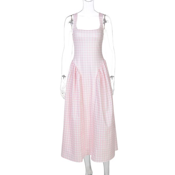 Fashion French Fresh European And American New Plaid Print Waist-Cinching Princess Sexy Backless Strap Dress Women's_ecoleips.com