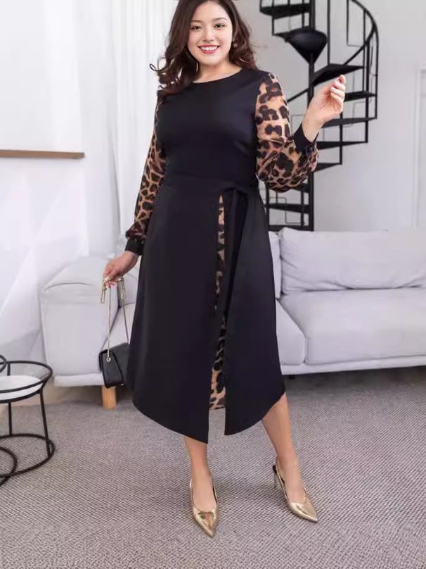 Plus Size Long Sleeve Dress – Elegant Patchwork Print With Round Neck | Flattering A-Line Midi Dress (S-5xl)_ecoleips.com