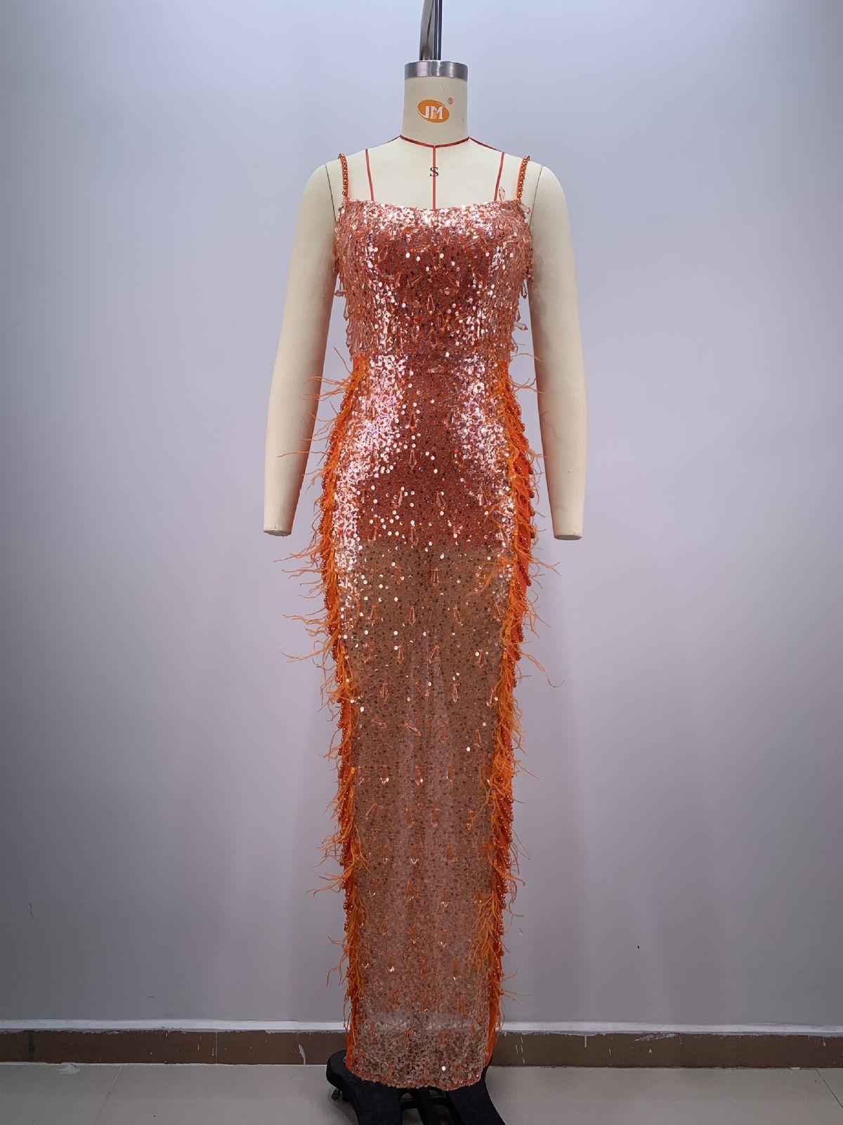 Women's Clothing Orange Feathers On Both Sides Of The Pearl Long Dress Evening Dress Temperament Name Slow Party Toast Dress_ecoleips.com