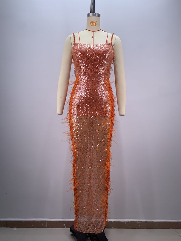 Women's Clothing Orange Feathers On Both Sides Of The Pearl Long Dress Evening Dress Temperament Name Slow Party Toast Dress_ecoleips.com