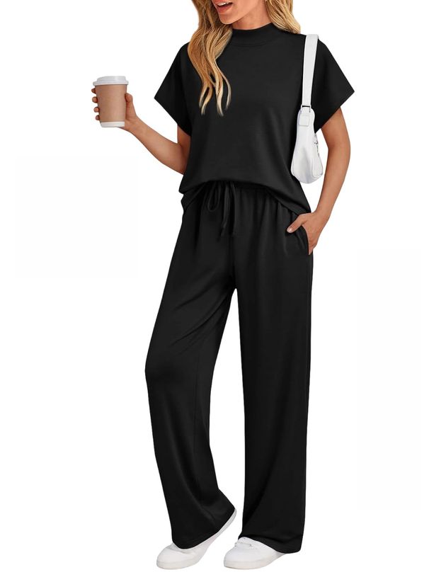 Women's Casual Short Sleeve Top With Wide-Leg Pants Set - Solid Color Loungewear & Street Style Outfit_ecoleips.com