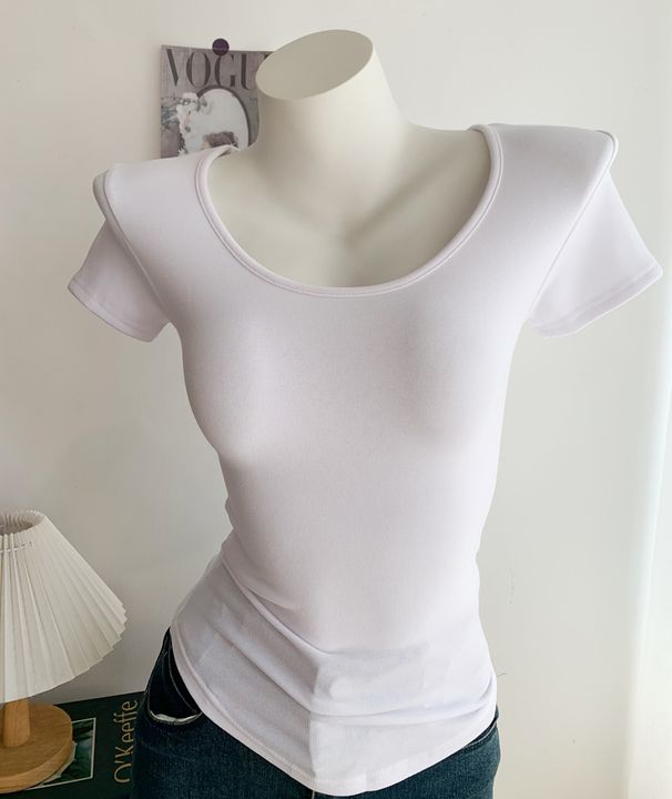 Summer New Arrival Women's Slim Fit Elastic U Neck Short Sleeve T-Shirt Pure And Sexy Perfect for Layering Or Wearing as an Undershirt_ecoleips.com