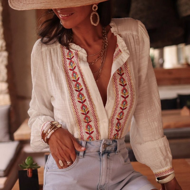Women's Clothing Heavy Embroidery Shirt Cotton And Linen Shirt_ecoleips.com