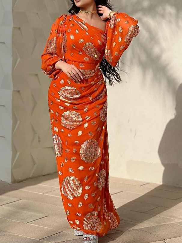 Women's Clothing Sexy Printed Gold Chiffon Ball Dress Dress New_ecoleips.com