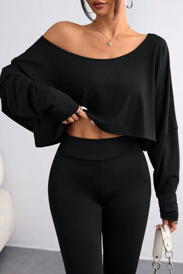 Women's Clothing Loose Collar Bottom Fashion Navel Exposed T Shirt Long Sleeve Top_ecoleips.com