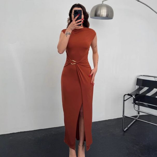 Women's Clothing Summer Women's Slim Fit Dress Fashion Temperament Solid Color Round Neck For Formal & Casual For Women_ecoleips.com
