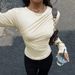 Voya Women's French Style Niche Beige Top With Irregular Cross Fold Design On The Front Chest, Long Sleeved Loose And Slimming Cover Up_ecoleips.com