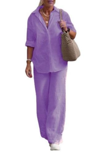 Women's Two-piece Set Women's Lapel Long-sleeved Shirt Spring And Autumn Casual Solid Color Pants Wide Leg Suit_ecoleips.com