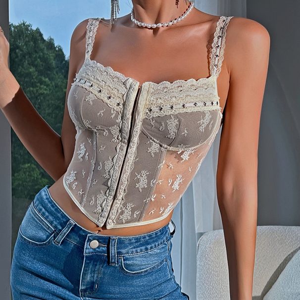 Women’s Clothing New French Sexy Suspender Lace Lace Ins Style Splicing Perspective Small Vest_ecoleips.com