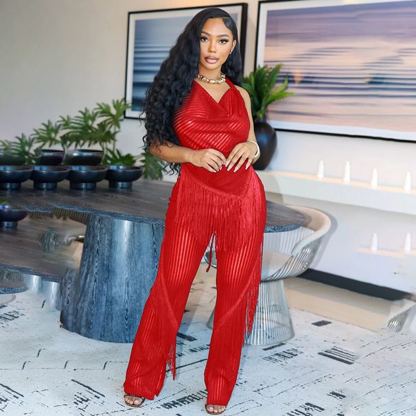Women's Clothing Neck Lace Up Sleeveless Backless Top With Slim Fit Loose Trousers Sexy Tassel Two Piece Suit_ecoleips.com